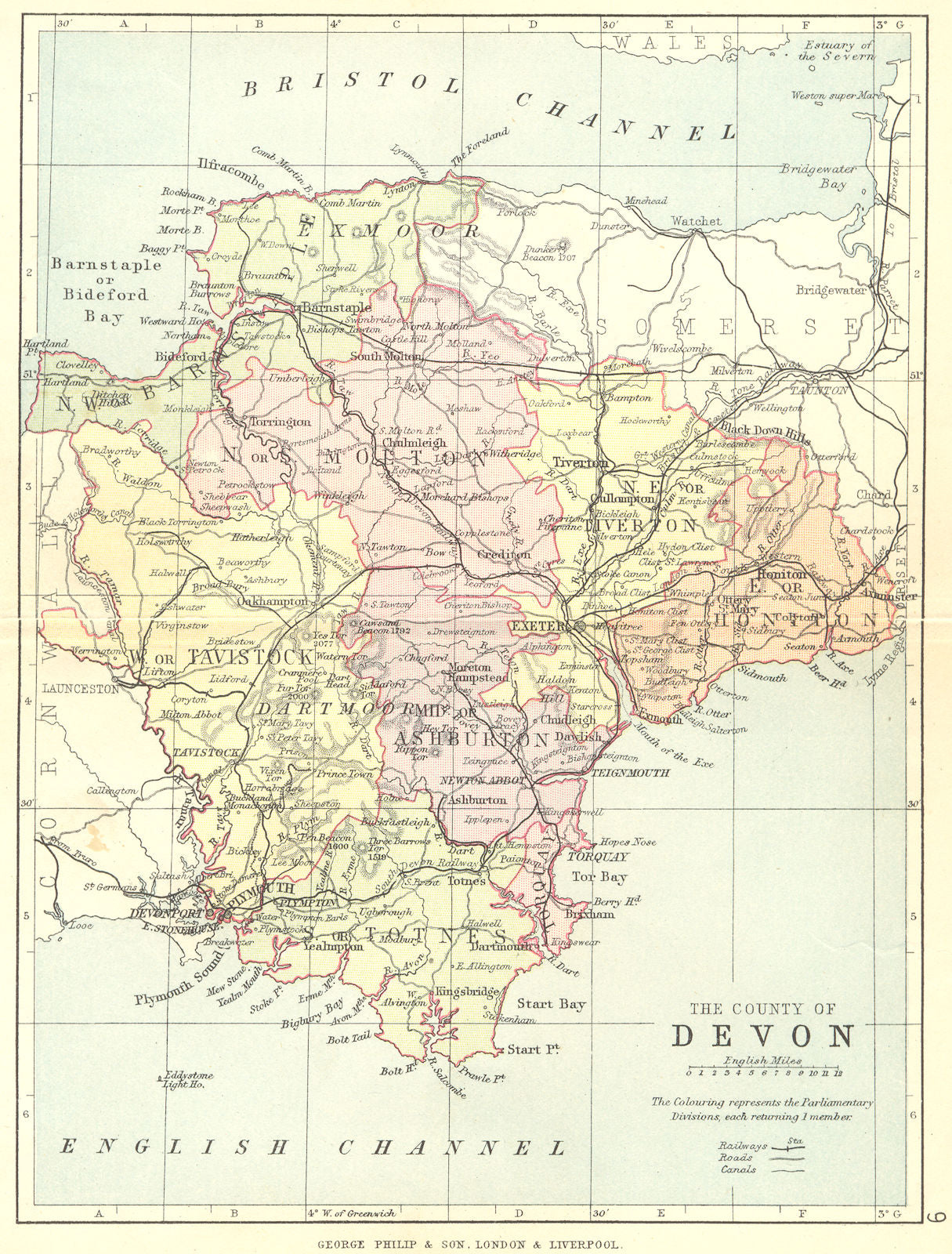 DEVON. The county of Devon c1880 old antique vintage map plan chart